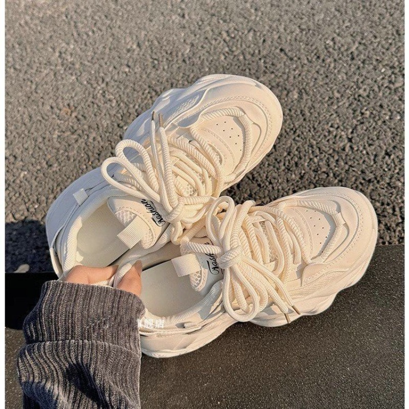 Embroidery Garments - Women Beige Platform Dad Sneakers Mesh
