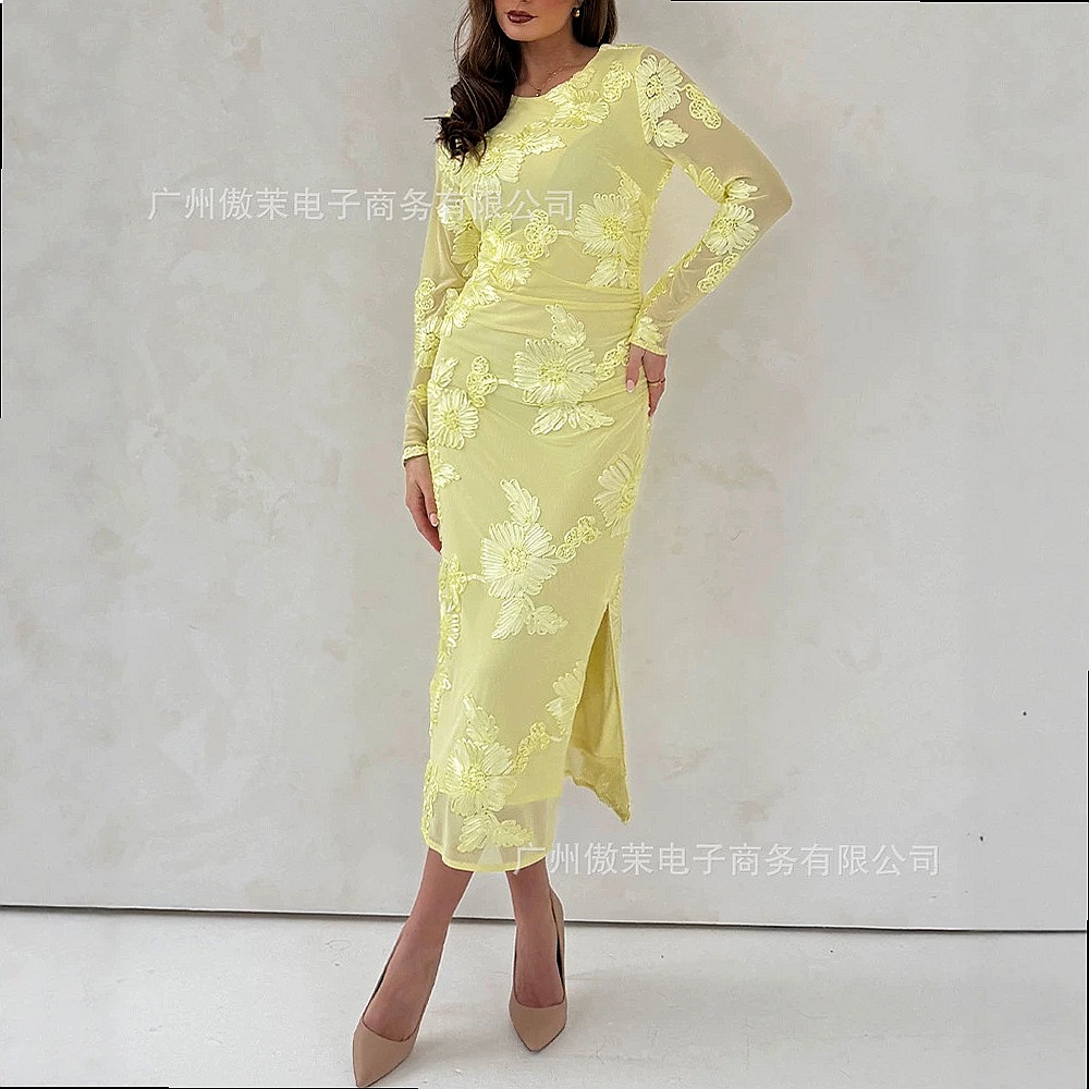 Bright Yellow 3D Floral Embroi - Embroidery Yellow Dress recension och pris