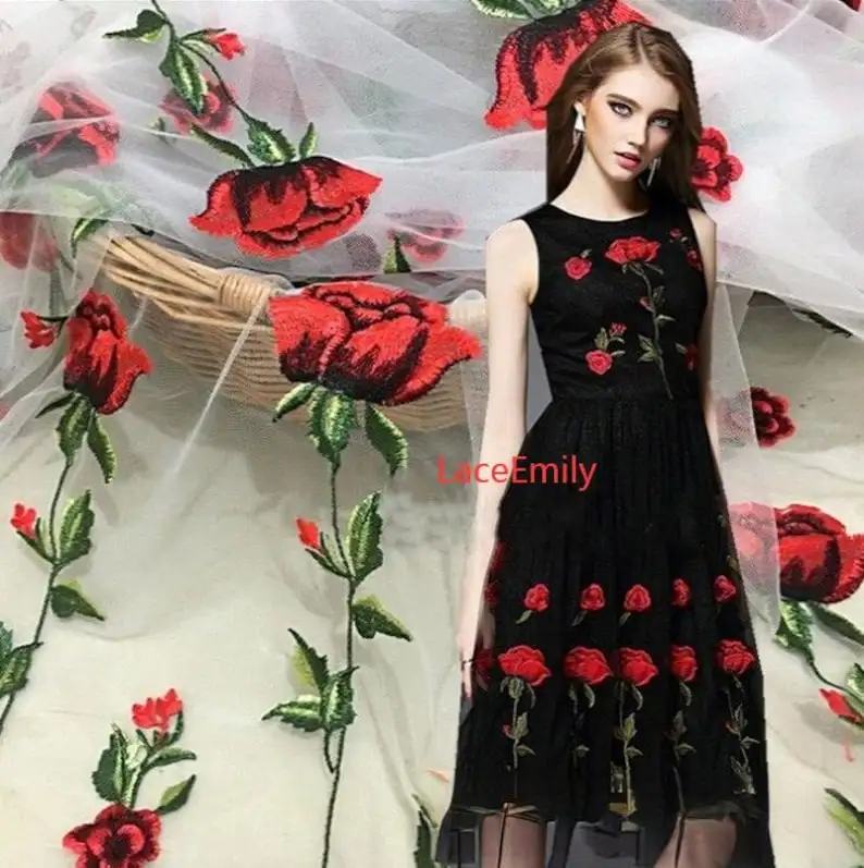 Red Rose Lace Fabric flower em - Embroidery Rose recension och pris